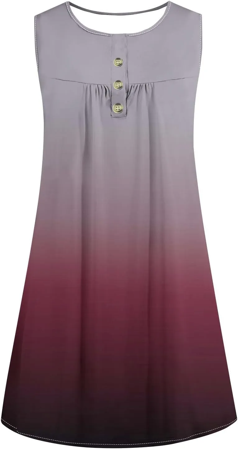 FZYLQY Sleeveless Button Front Swing Dress for Women Fashion Gradient Print Summer Tank Mini Dresses Casual Loose Beachwear