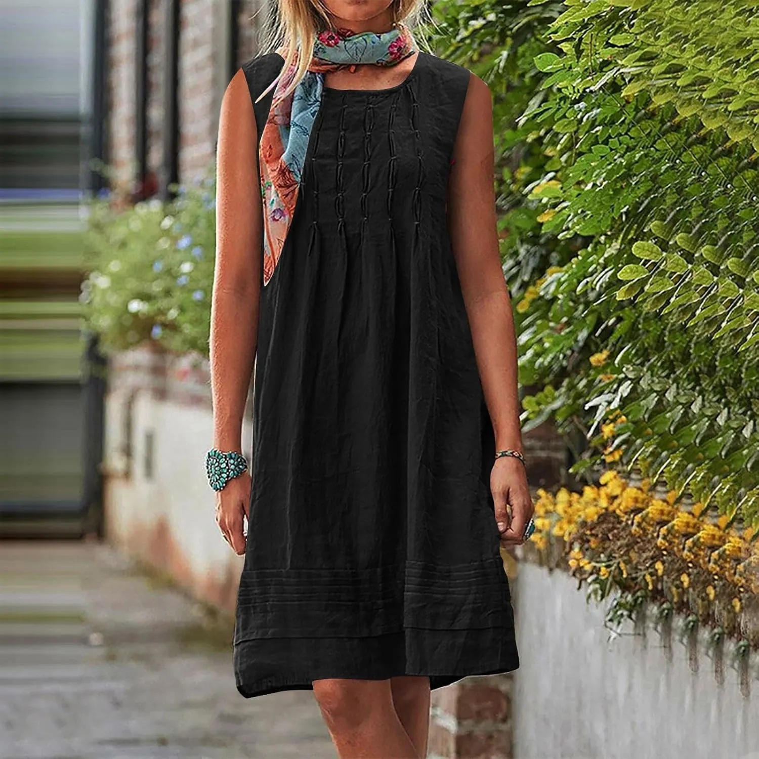 FZYLQY Women's Cotton Linen Midi Dress Plus Size Cap Sleeve Pleated Summer Dresses Vacation 2025 Crew Neck Casual Dress
