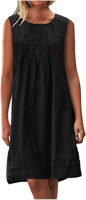 FZYLQY Women's Cotton Linen Midi Dress Plus Size Cap Sleeve Pleated Summer Dresses Vacation 2025 Crew Neck Casual Dress