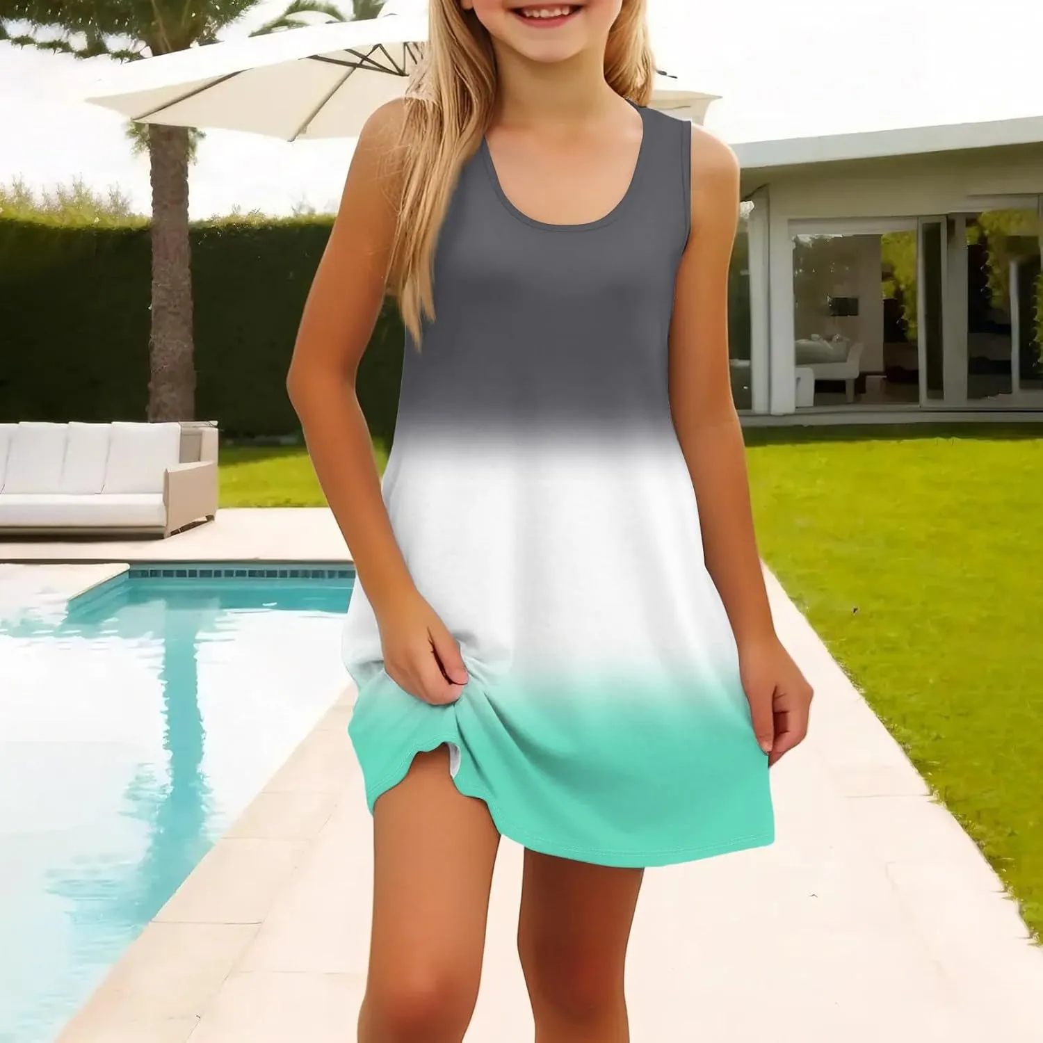 Girls Dresses Summer Casual Loose Sleeveless A-Line U Neck Sundresses Tank Swing Midi Beach Dresses with Pockets
