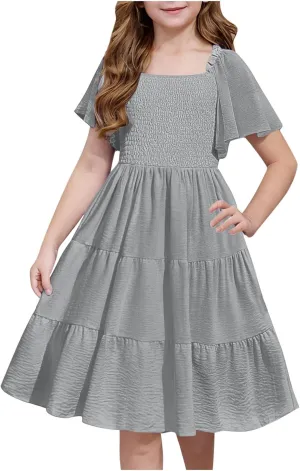 Girls Summer Dresses Ruffle Short Sleeve Smocked Tiered Dress Casual Flowy Midi Dress Tween Sundress Size 3-15 Years
