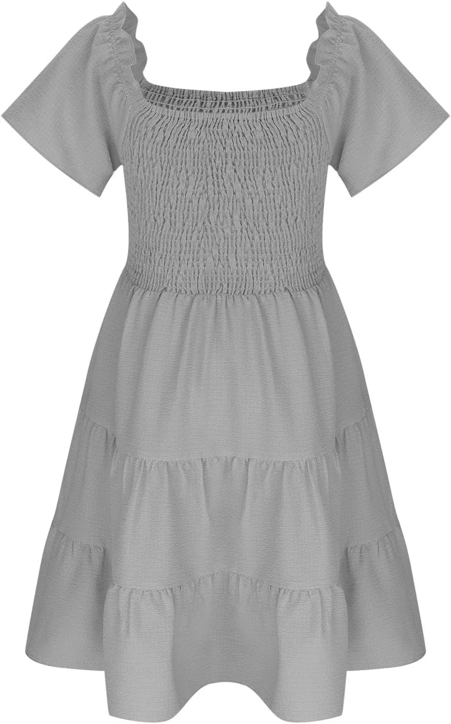 Girls Summer Dresses Ruffle Short Sleeve Smocked Tiered Dress Casual Flowy Midi Dress Tween Sundress Size 3-15 Years