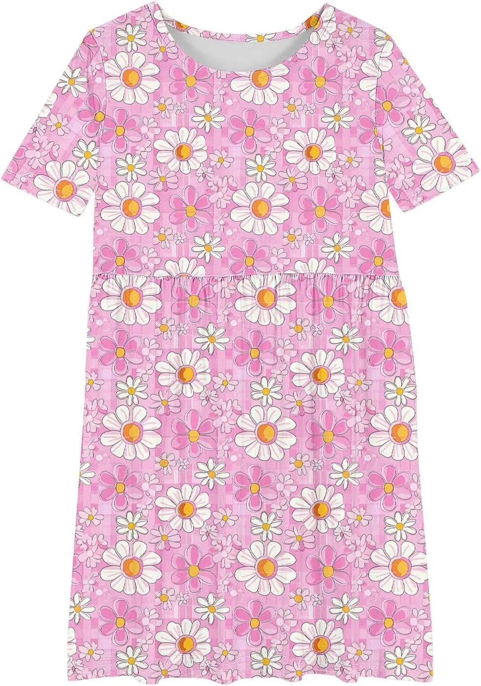 Girls Summer Flower Printed Ballet Dress Short Sleeve Round Neck Pleated Floral Print Beach Sundress Swing Dresses
