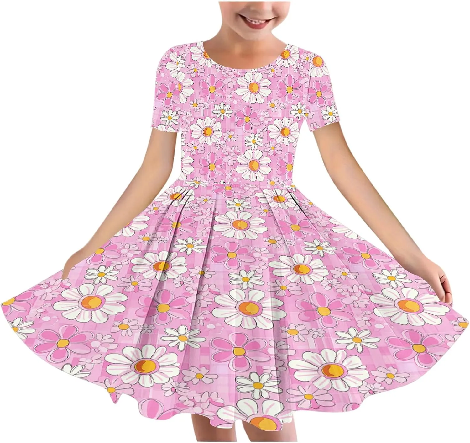 Girls Summer Flower Printed Ballet Dress Short Sleeve Round Neck Pleated Floral Print Beach Sundress Swing Dresses