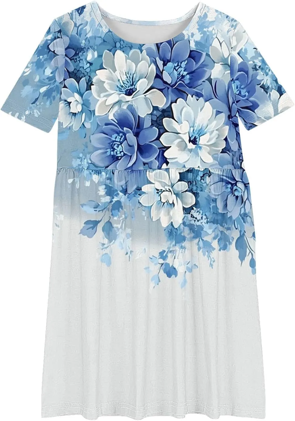 Girls Summer Flower Printed Ballet Dress Short Sleeve Round Neck Pleated Floral Print Beach Sundress Swing Dresses