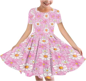 Girls Summer Flower Printed Ballet Dress Short Sleeve Round Neck Pleated Floral Print Beach Sundress Swing Dresses
