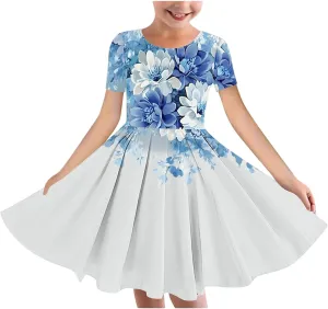 Girls Summer Flower Printed Ballet Dress Short Sleeve Round Neck Pleated Floral Print Beach Sundress Swing Dresses