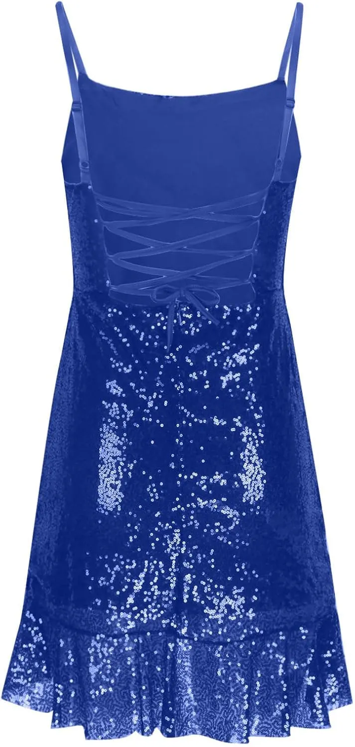 Going Out Dresses for Women Cute Sexy Sparkly Sequin Ruffle Mini Dress Fashion Spaghetti Strap Split Bodycon Dresses