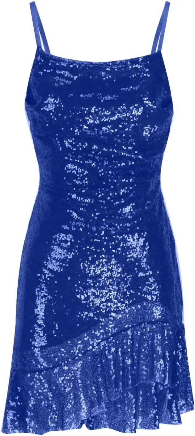 Going Out Dresses for Women Cute Sexy Sparkly Sequin Ruffle Mini Dress Fashion Spaghetti Strap Split Bodycon Dresses