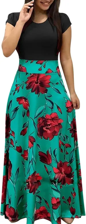 GOKKILRW Maxi Dresses for Women Wedding Guest High Waist Party Evening Maxi Dress Casual Loose Short Sleeve Beach Dresses