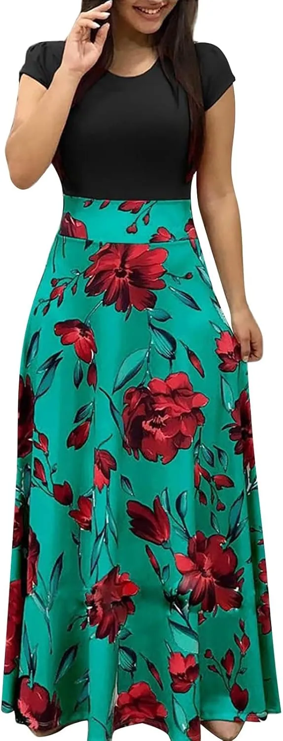 GOKKILRW Maxi Dresses for Women Wedding Guest High Waist Party Evening Maxi Dress Casual Loose Short Sleeve Beach Dresses