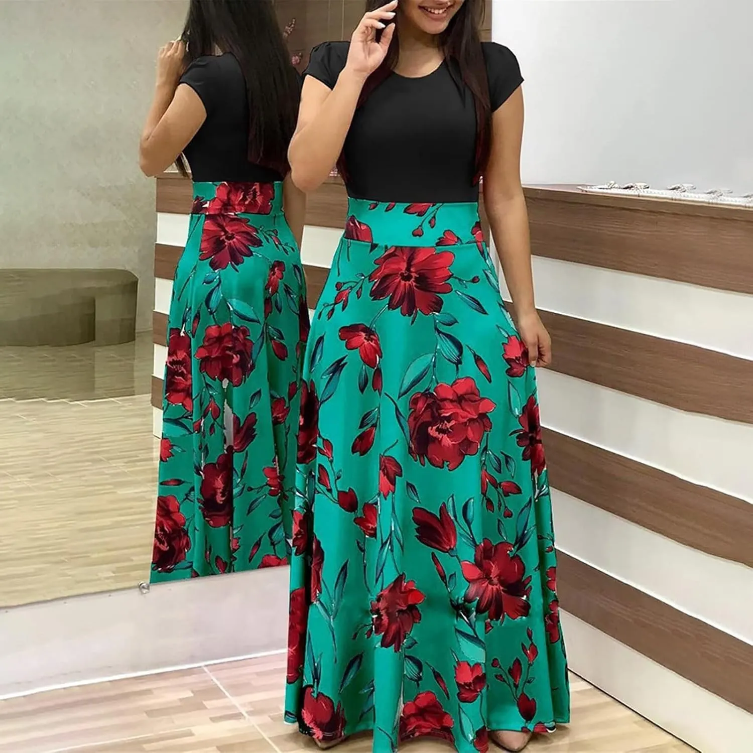 GOKKILRW Maxi Dresses for Women Wedding Guest High Waist Party Evening Maxi Dress Casual Loose Short Sleeve Beach Dresses