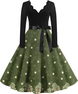 Halloween Dresses for Women Long Sleeve V Neck Vintage Print Costumes 1950s Fall Cocktail Dresses