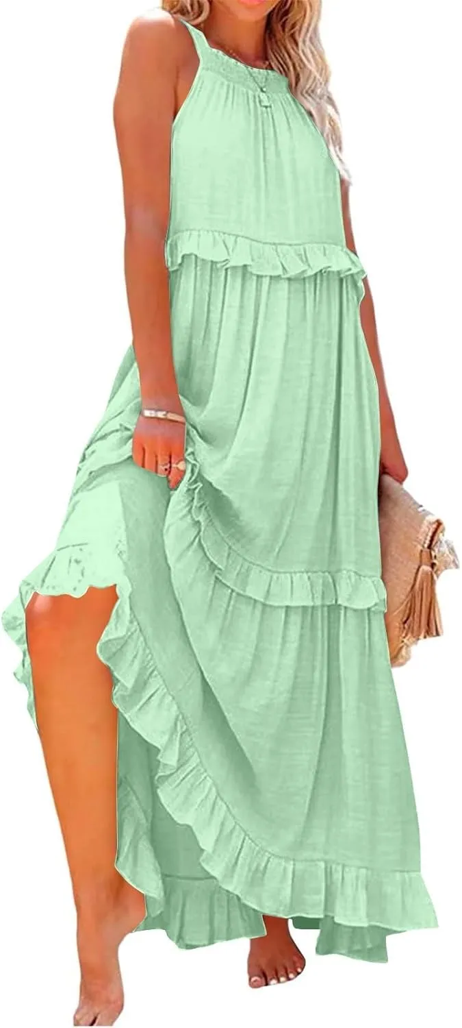 Halter Dresses for Women Flowy Tiered Ruffle Plus Size Summer Dresses Formal Beach Vacation Pleated Boho Maxi Dress