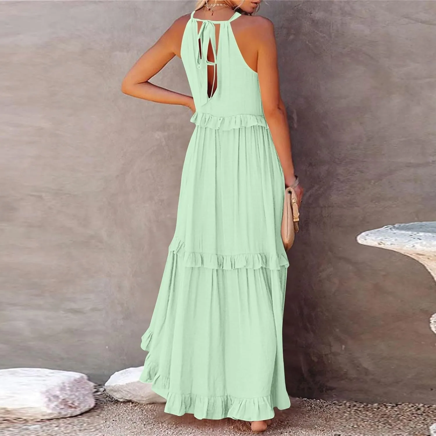 Halter Dresses for Women Flowy Tiered Ruffle Plus Size Summer Dresses Formal Beach Vacation Pleated Boho Maxi Dress