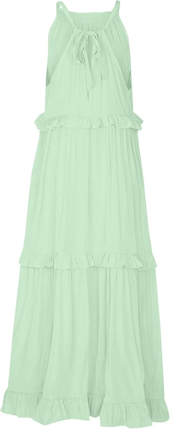 Halter Dresses for Women Flowy Tiered Ruffle Plus Size Summer Dresses Formal Beach Vacation Pleated Boho Maxi Dress