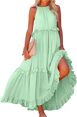 Halter Dresses for Women Flowy Tiered Ruffle Plus Size Summer Dresses Formal Beach Vacation Pleated Boho Maxi Dress