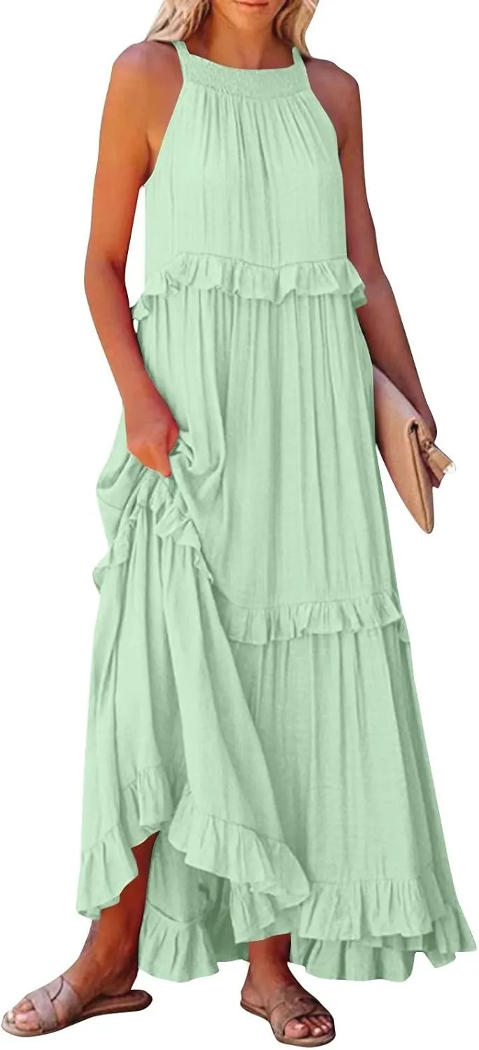 Halter Dresses for Women Flowy Tiered Ruffle Plus Size Summer Dresses Formal Beach Vacation Pleated Boho Maxi Dress