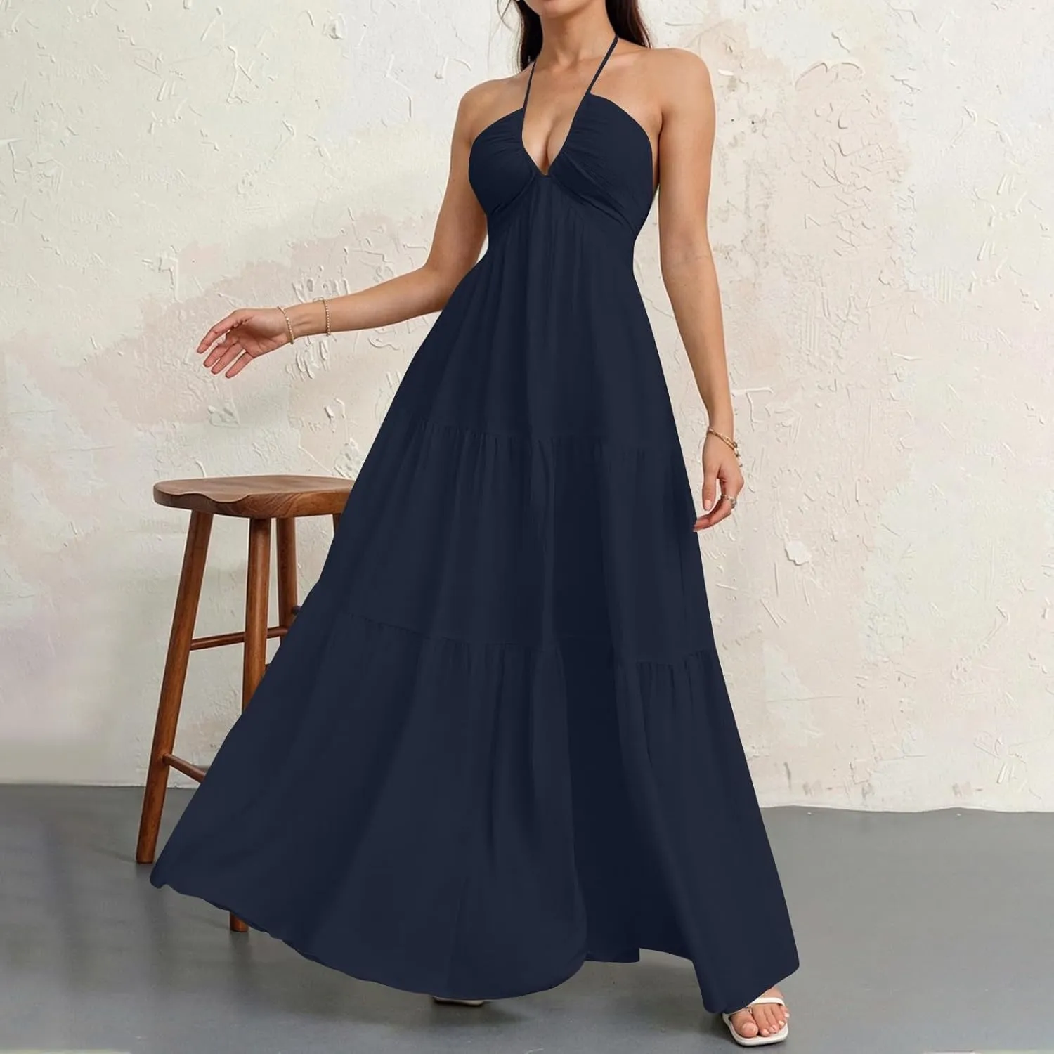 Halter Maxi Dresses for Women 2025 Elegant V Neck Spaghetti Strap Dress Casual Boho Tiered Hem a Line Corset Sundress