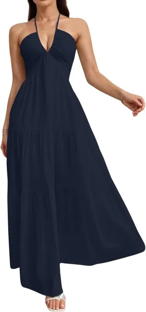 Halter Maxi Dresses for Women 2025 Elegant V Neck Spaghetti Strap Dress Casual Boho Tiered Hem a Line Corset Sundress