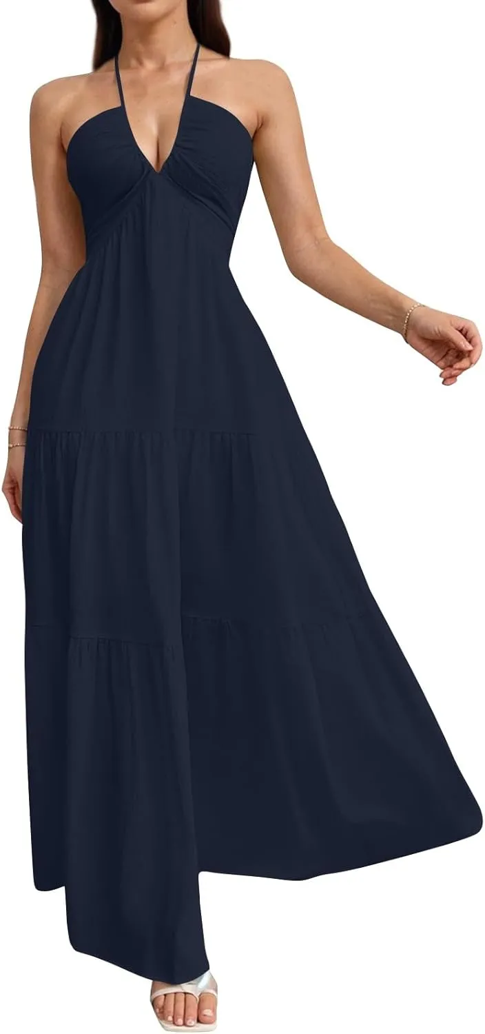 Halter Maxi Dresses for Women 2025 Elegant V Neck Spaghetti Strap Dress Casual Boho Tiered Hem a Line Corset Sundress