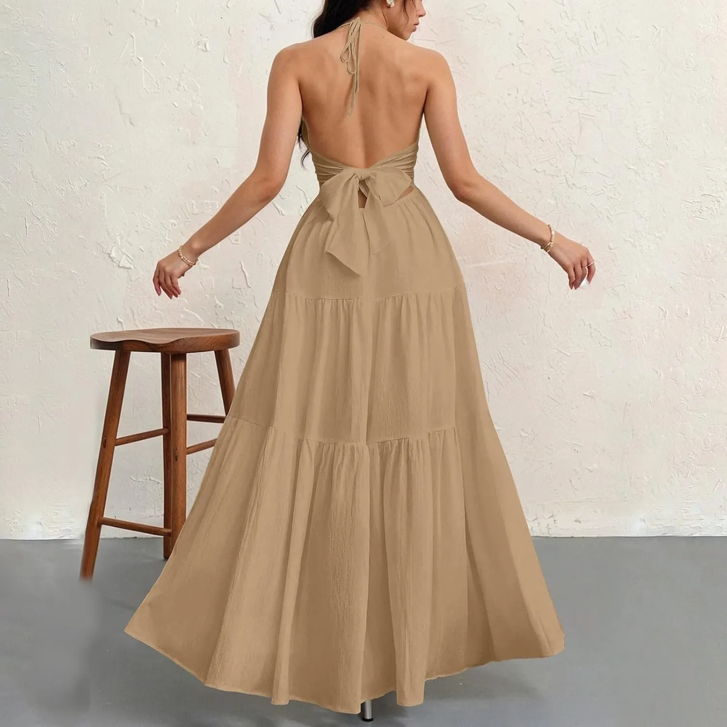 Halter Maxi Dresses for Women 2025 Elegant V Neck Spaghetti Strap Dress Casual Boho Tiered Hem a Line Corset Sundress