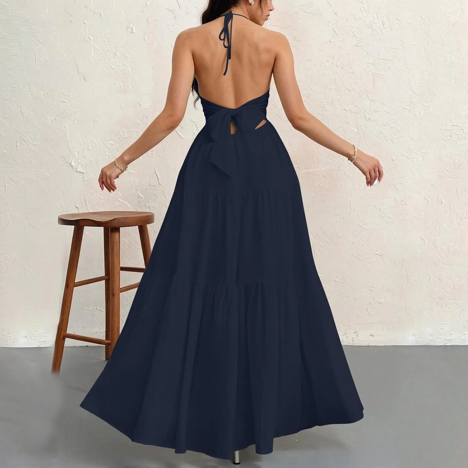 Halter Maxi Dresses for Women 2025 Elegant V Neck Spaghetti Strap Dress Casual Boho Tiered Hem a Line Corset Sundress