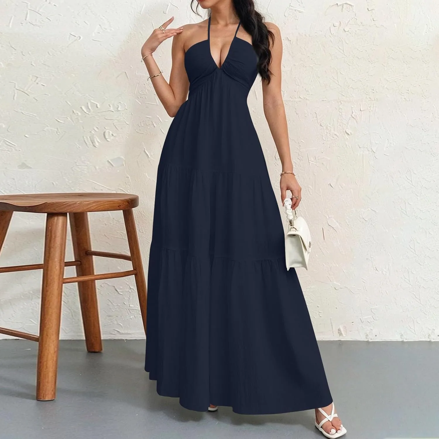 Halter Maxi Dresses for Women 2025 Elegant V Neck Spaghetti Strap Dress Casual Boho Tiered Hem a Line Corset Sundress