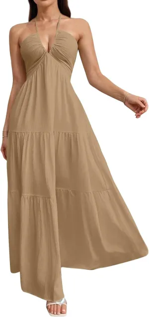 Halter Maxi Dresses for Women 2025 Elegant V Neck Spaghetti Strap Dress Casual Boho Tiered Hem a Line Corset Sundress