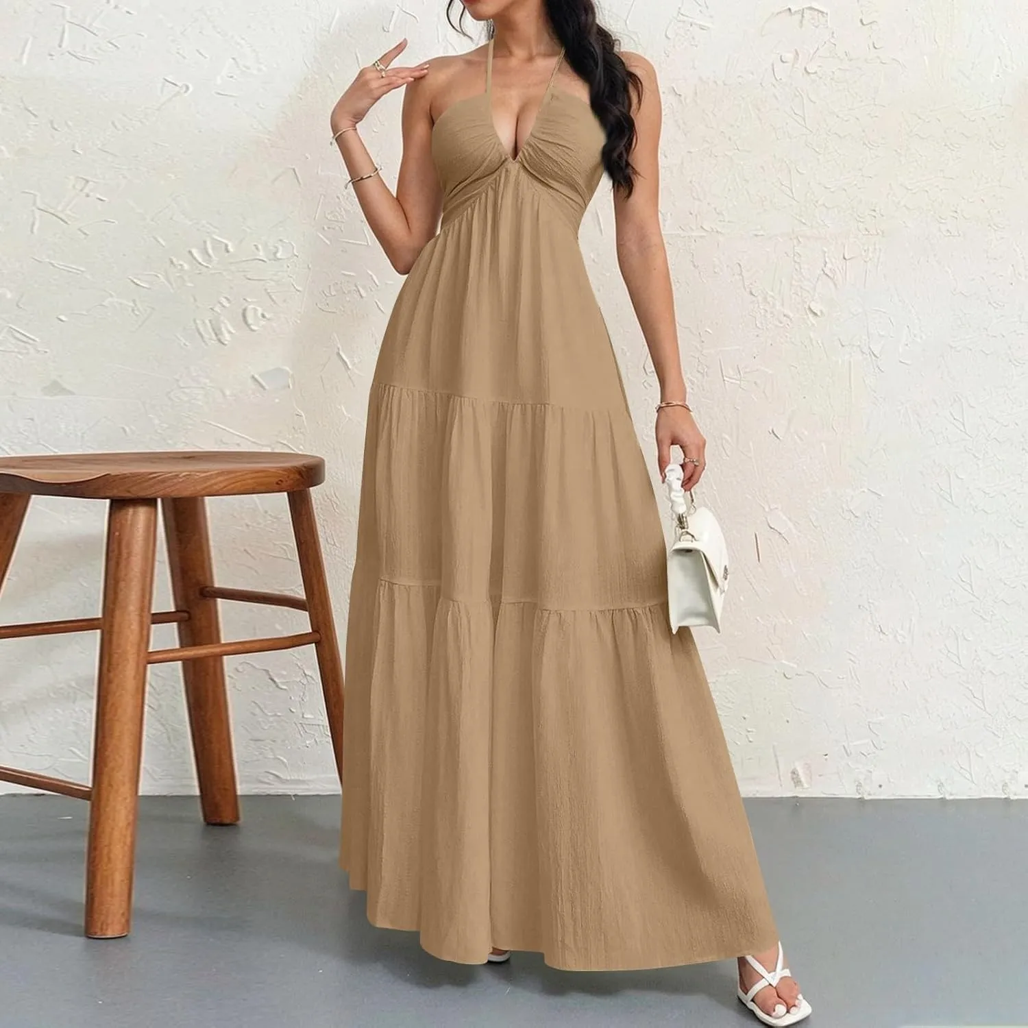 Halter Maxi Dresses for Women 2025 Elegant V Neck Spaghetti Strap Dress Casual Boho Tiered Hem a Line Corset Sundress