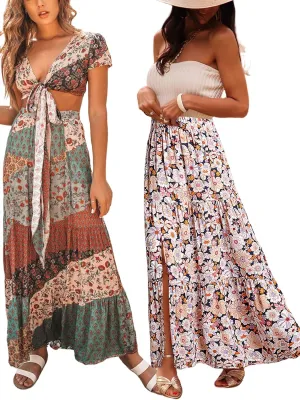 Happy Sailed Maxi Skirts for Women Spring Summer Beach Sun Dress Boho Floral Print Split A line Long Skirt with Pockets