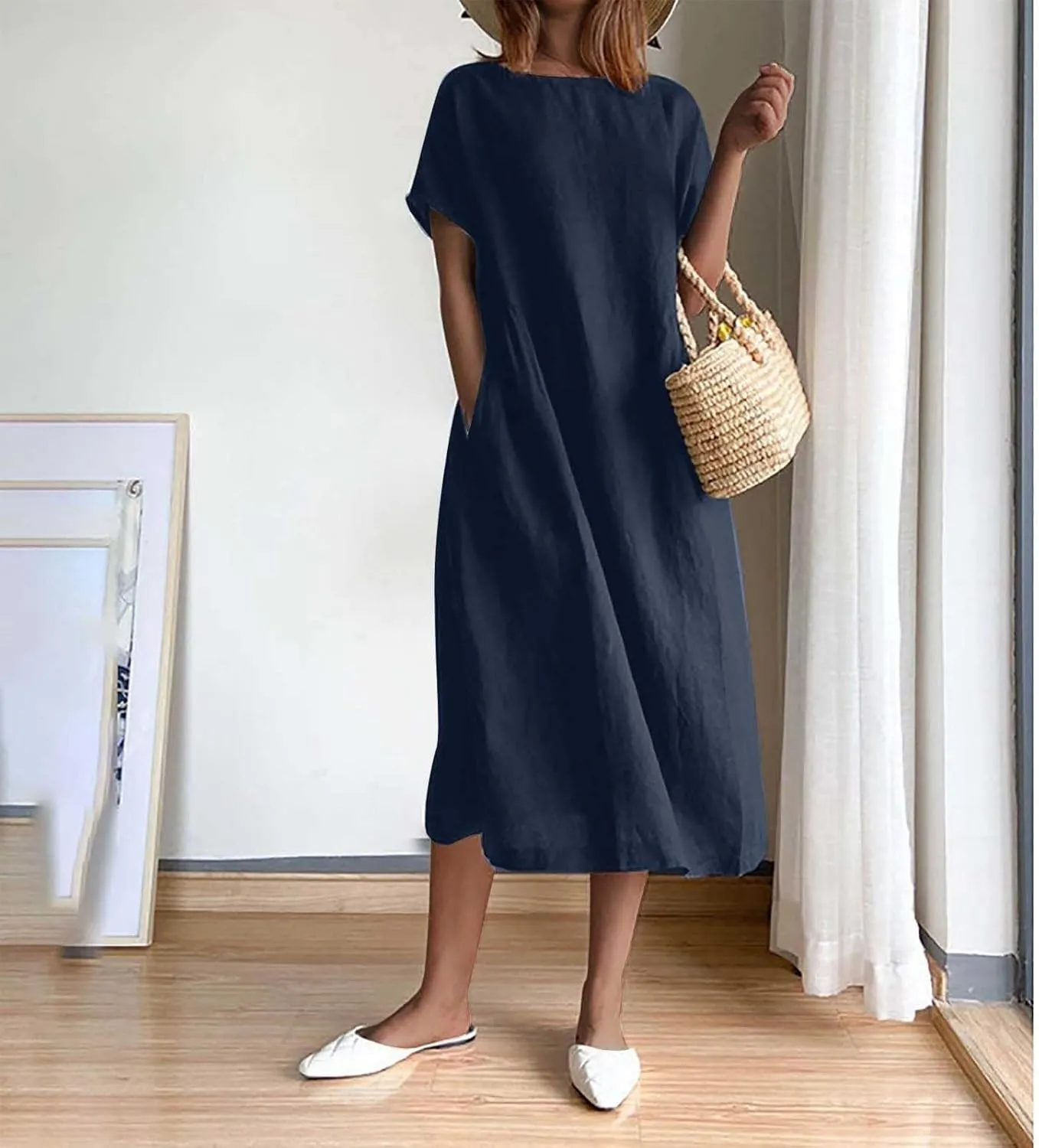 Hawaiian Dresses for Women Summer Casual Trendy Short Sleeve Crew Neck Solid Color Vacation Linen Dress, M-4XL