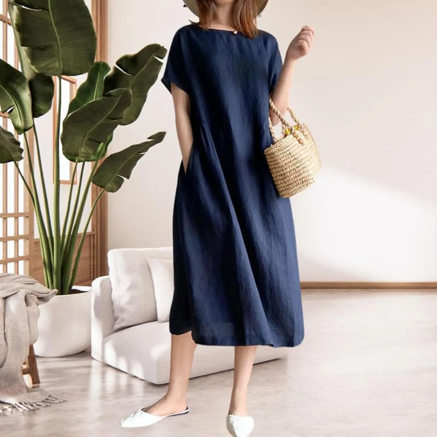 Hawaiian Dresses for Women Summer Casual Trendy Short Sleeve Crew Neck Solid Color Vacation Linen Dress, M-4XL