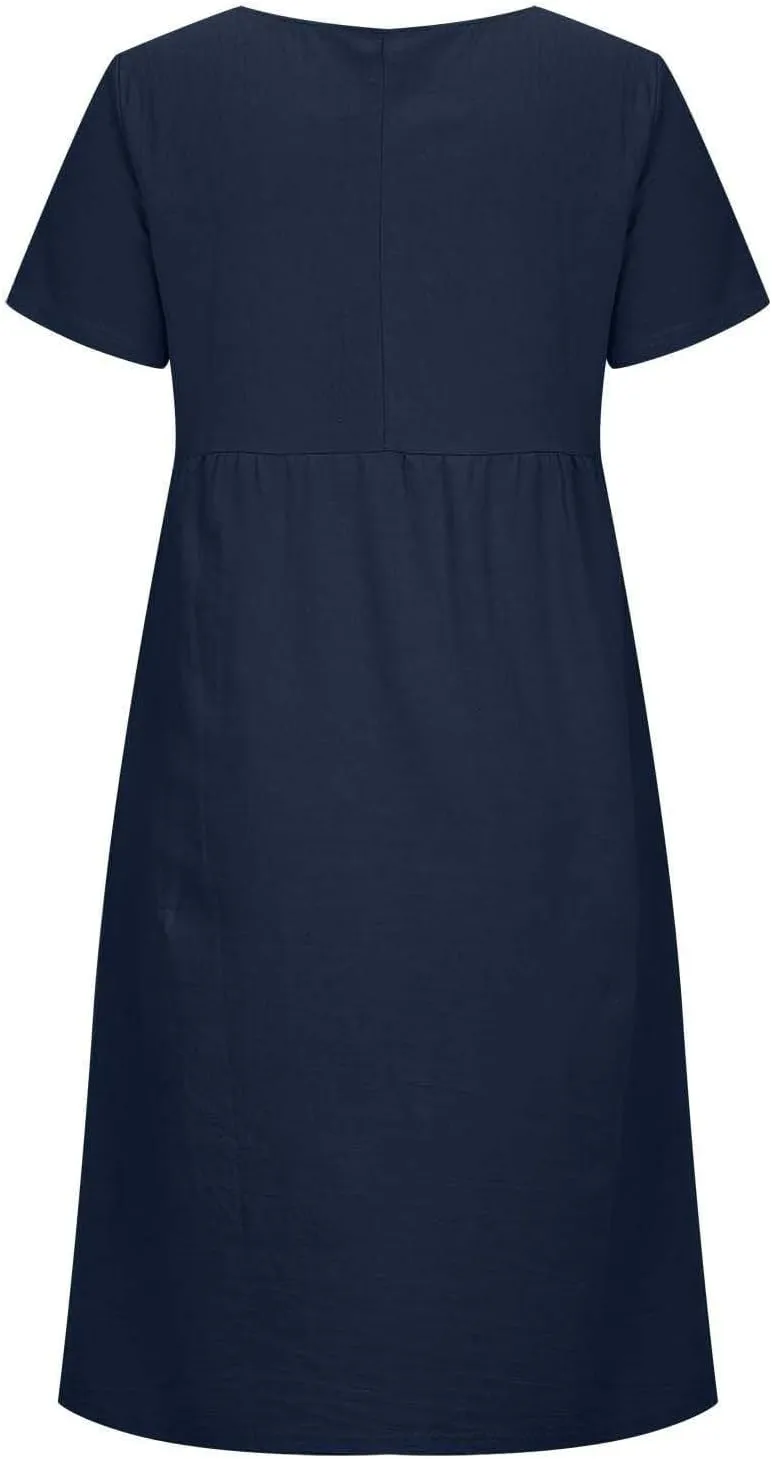 Hawaiian Dresses for Women Summer Casual Trendy Short Sleeve Crew Neck Solid Color Vacation Linen Dress, M-4XL