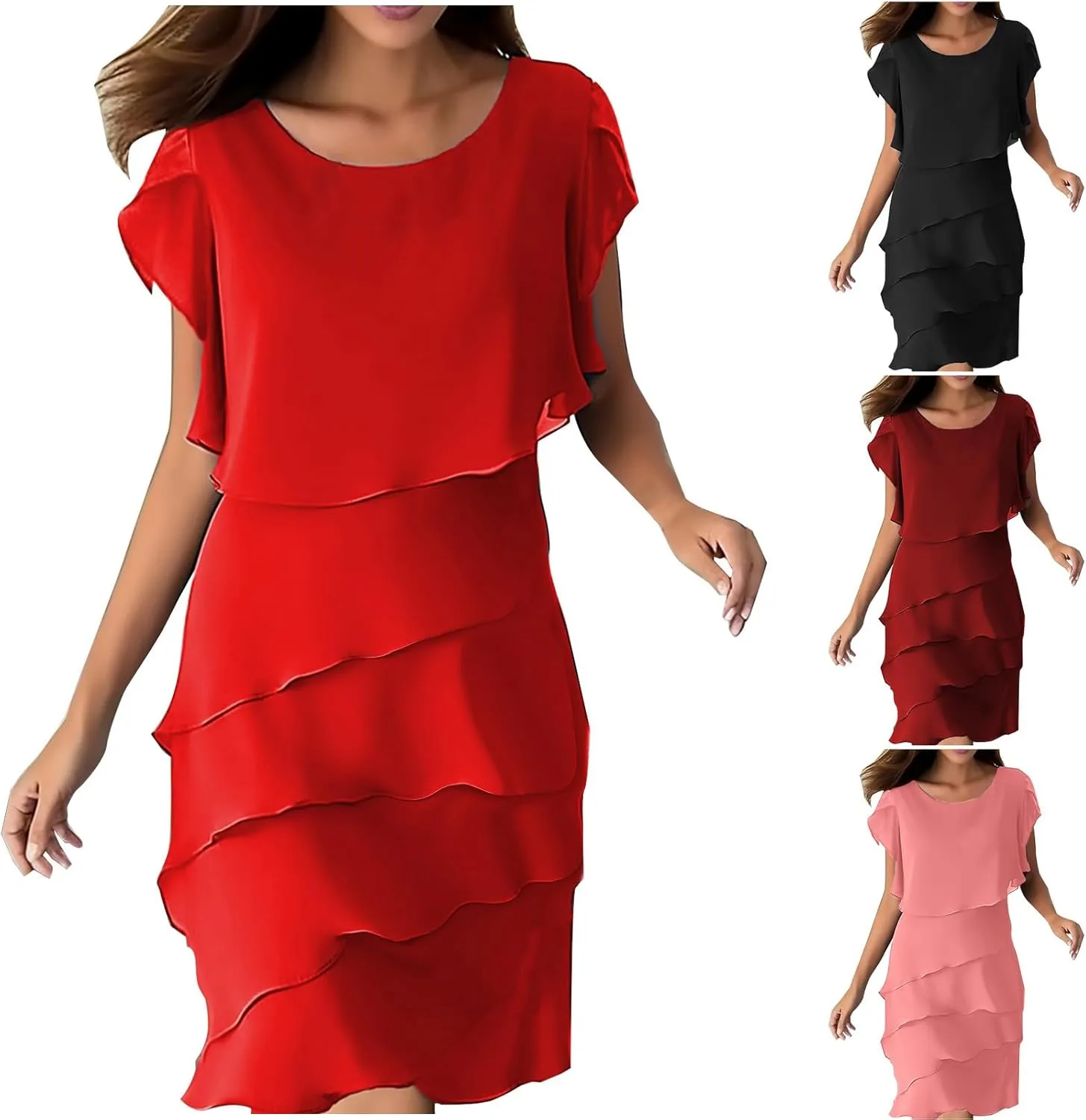 HGps8w Wedding Guest Dresses for Women Plus Size Flowy Chiffon Layered Shawl Formal Party Cocktail Midi Dress