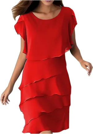 HGps8w Wedding Guest Dresses for Women Plus Size Flowy Chiffon Layered Shawl Formal Party Cocktail Midi Dress