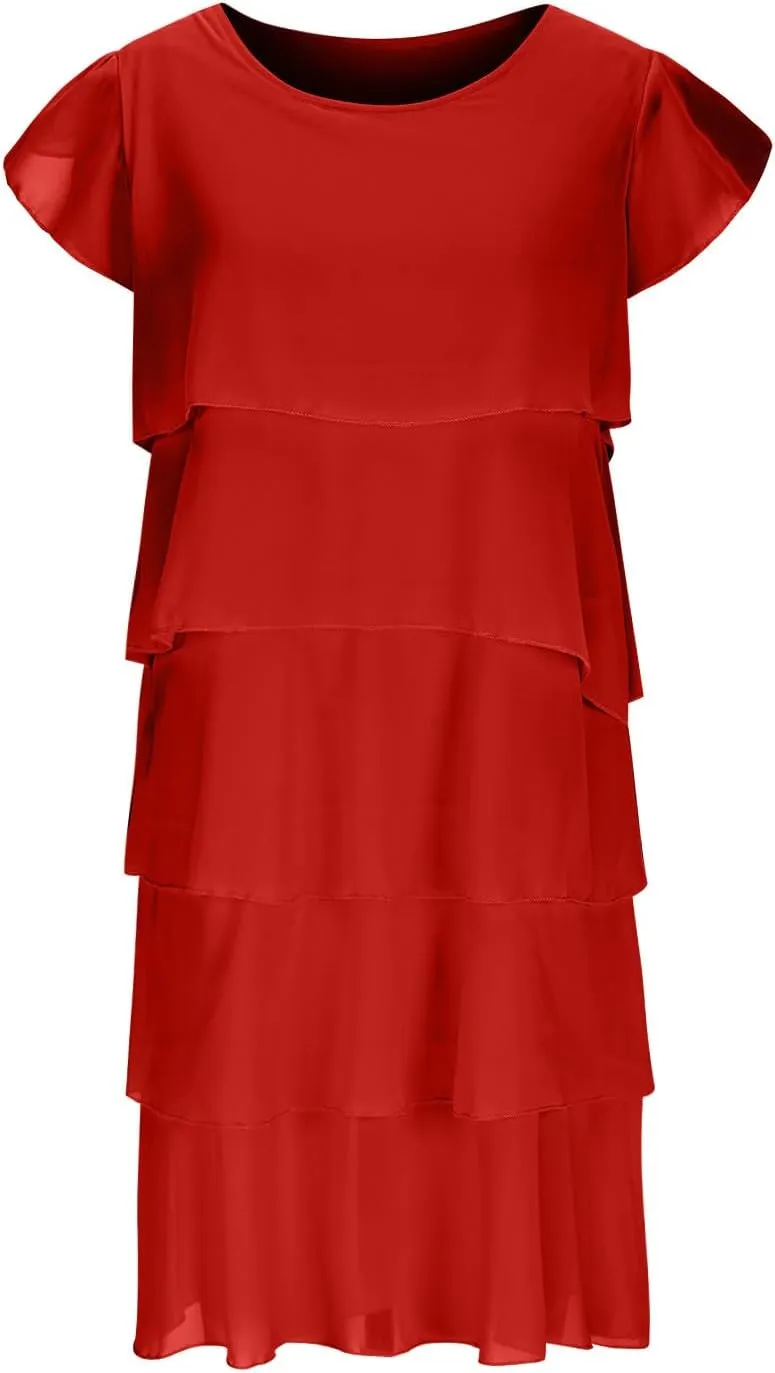 HGps8w Wedding Guest Dresses for Women Plus Size Flowy Chiffon Layered Shawl Formal Party Cocktail Midi Dress