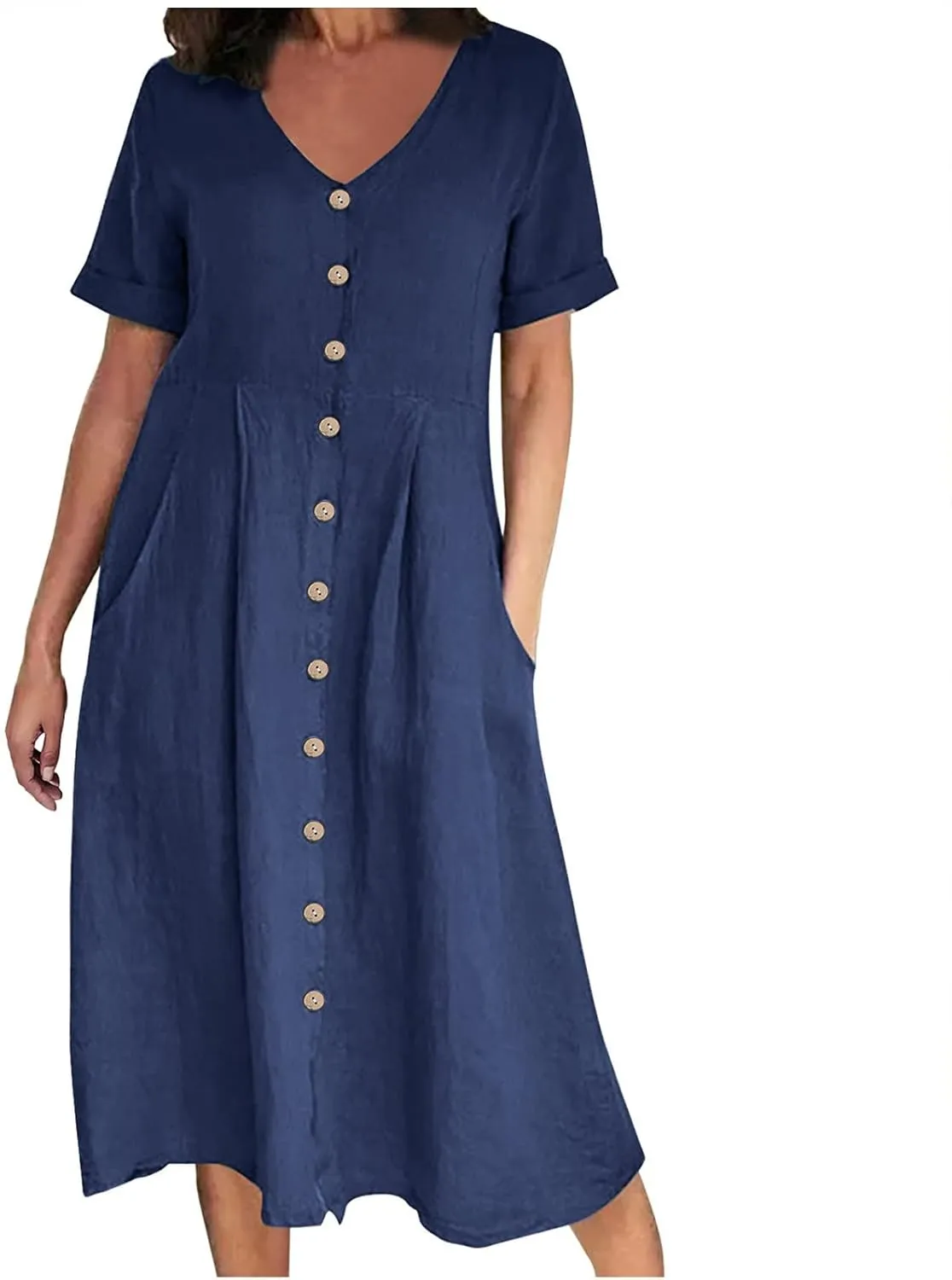 HGps8w Women's Plus Size Cotton Linen Midi Dresses with Pockets Summer Casual Short Sleeve Button Front V Neck Solid Dress