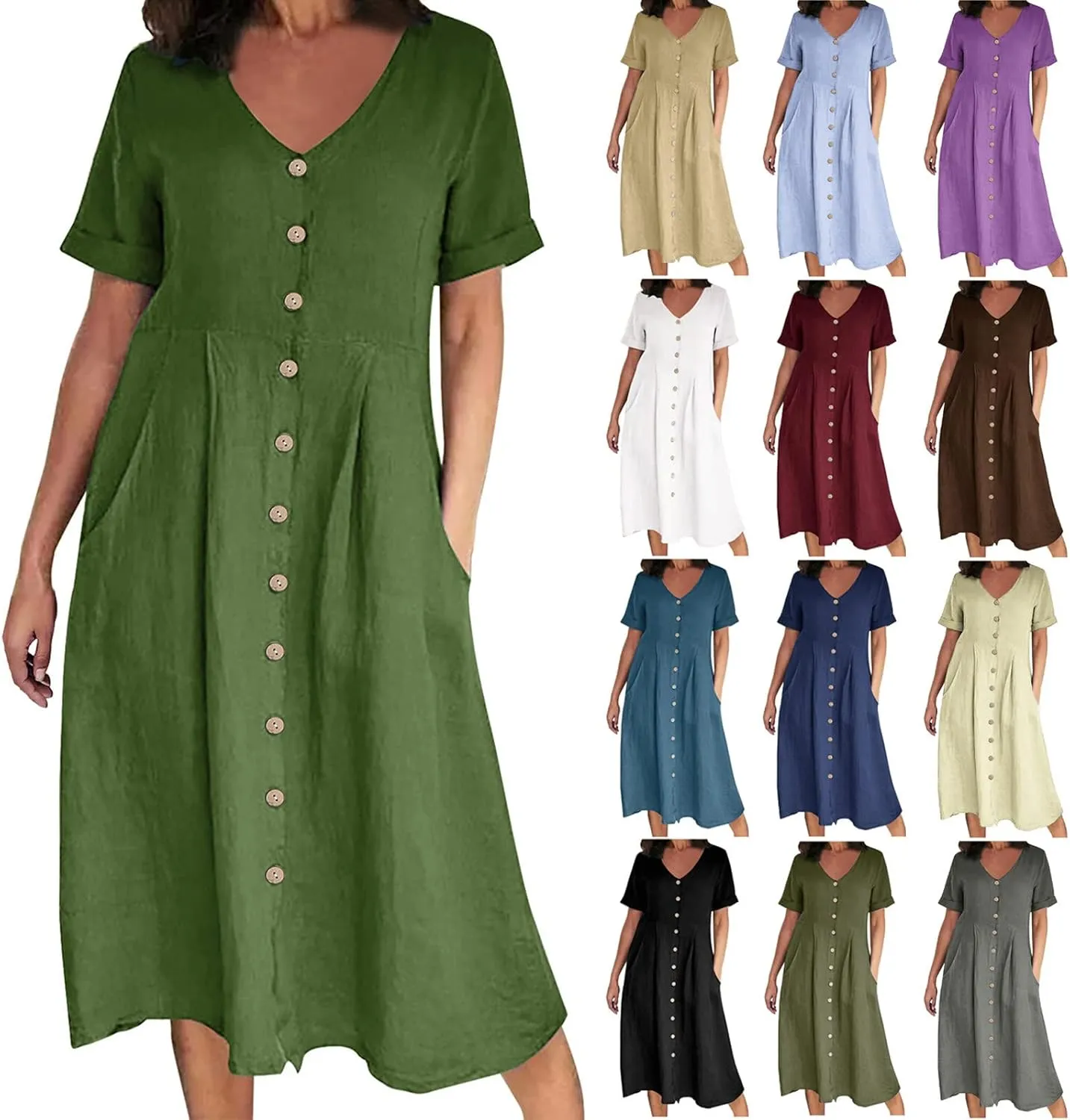 HGps8w Women's Plus Size Cotton Linen Midi Dresses with Pockets Summer Casual Short Sleeve Button Front V Neck Solid Dress