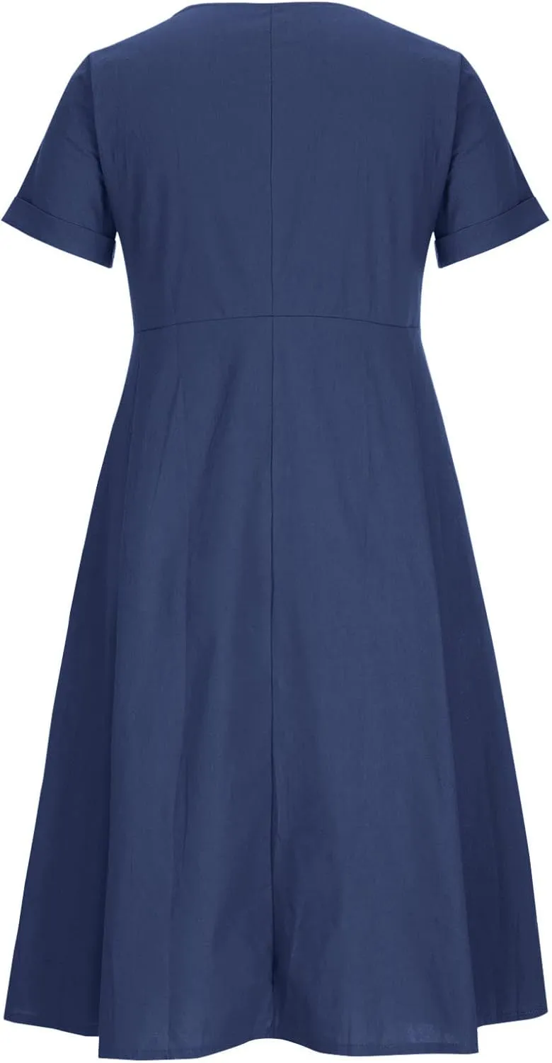 HGps8w Women's Plus Size Cotton Linen Midi Dresses with Pockets Summer Casual Short Sleeve Button Front V Neck Solid Dress