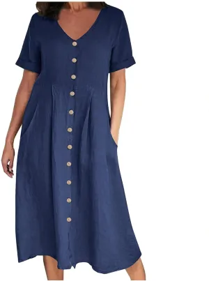 HGps8w Women's Plus Size Cotton Linen Midi Dresses with Pockets Summer Casual Short Sleeve Button Front V Neck Solid Dress