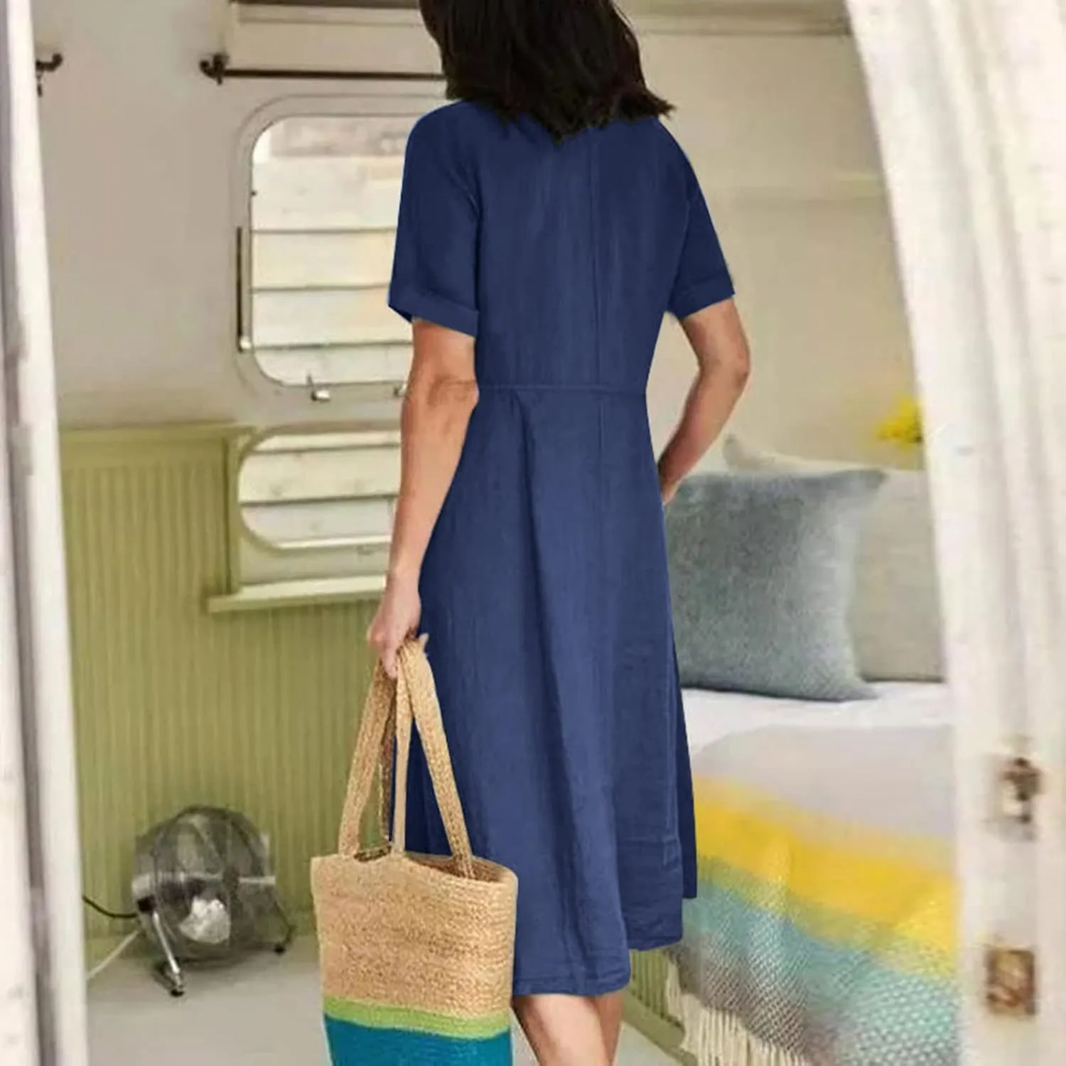 HGps8w Women's Plus Size Cotton Linen Midi Dresses with Pockets Summer Casual Short Sleeve Button Front V Neck Solid Dress