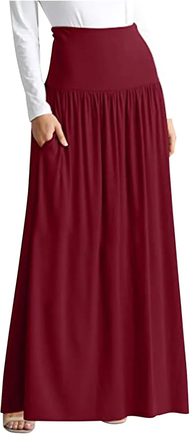 High Waisted Maxi Skirts for Women Lace Up Long Skirt Plus Size Summer Skirts Ankle Length Straight Skirt with Pocket