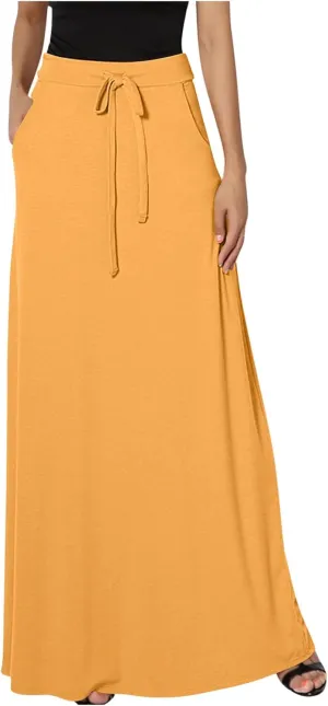 High Waisted Maxi Skirts for Women Lace Up Long Skirt Plus Size Summer Skirts Ankle Length Straight Skirt with Pocket