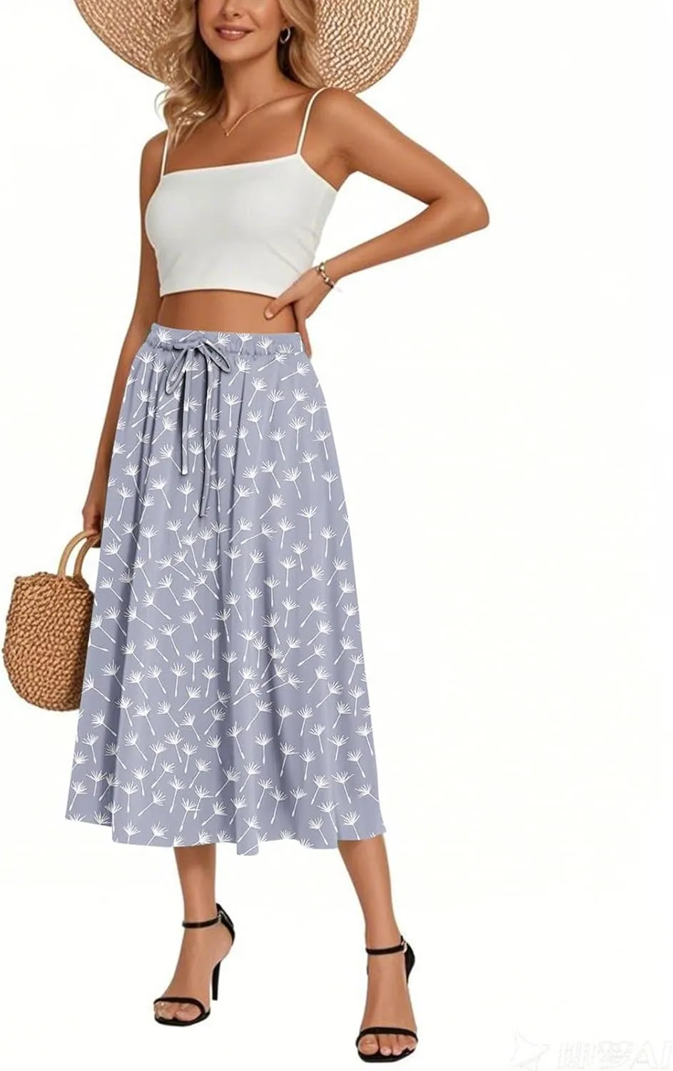 High Waisted Skirts for Women Trendy Elastic Waist Skirts Midi Length Floral 2025 Summer Boho Skirt with Pockets