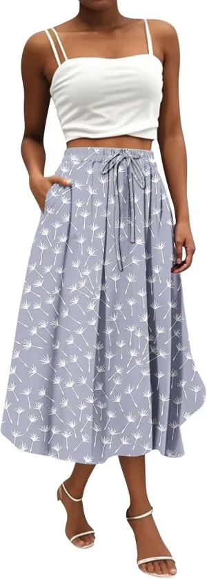 High Waisted Skirts for Women Trendy Elastic Waist Skirts Midi Length Floral 2025 Summer Boho Skirt with Pockets