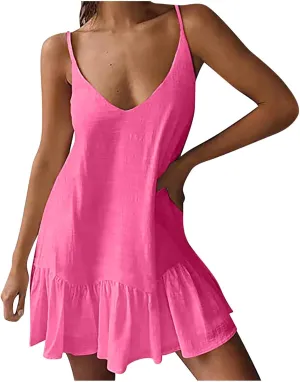 hlysgo Beach Dresses for Women 2025 Summer Ruffled Hem Adjustable Straps V Neck Sundress Casual Loose Comfy Boho Mini Dress