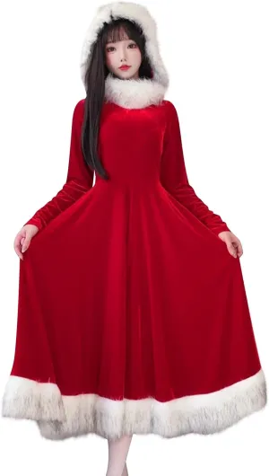 hlysgo Christmas Dresses for Women 2024 Winter Warm Fashion Long Sleeve Mini Dress Xmas A-Line Swing Fuzzy V Neck Cute Dress