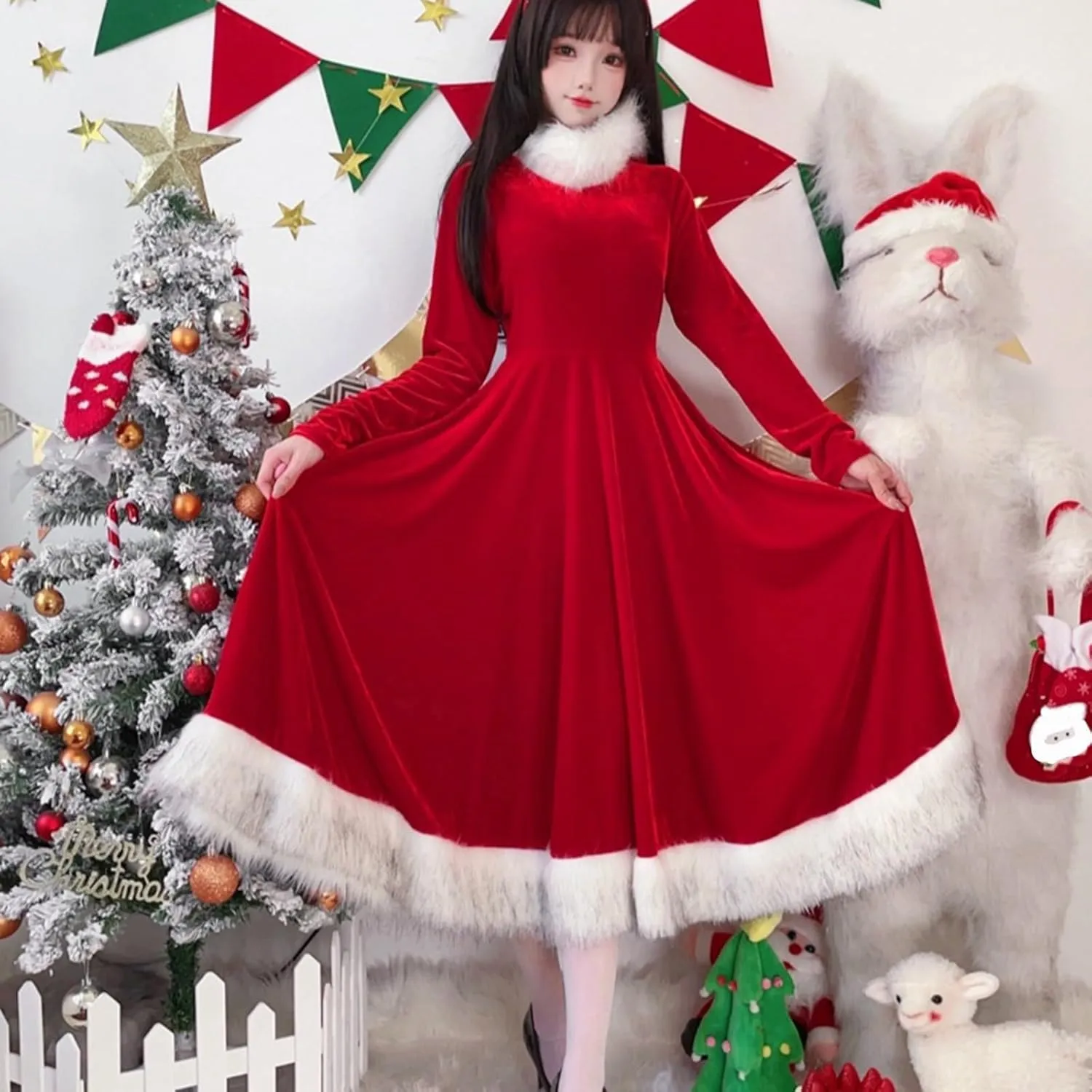hlysgo Christmas Dresses for Women 2024 Winter Warm Fashion Long Sleeve Mini Dress Xmas A-Line Swing Fuzzy V Neck Cute Dress