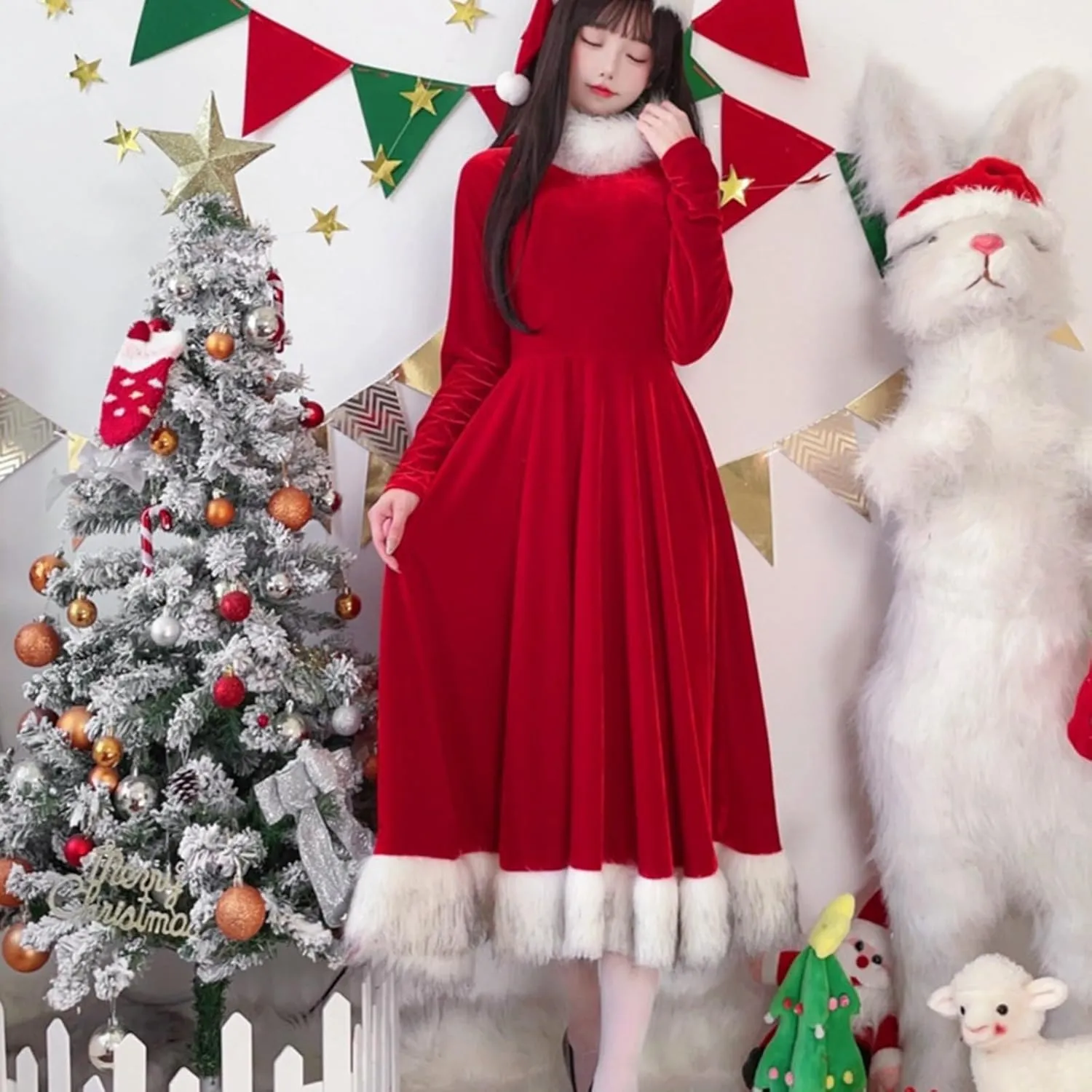 hlysgo Christmas Dresses for Women 2024 Winter Warm Fashion Long Sleeve Mini Dress Xmas A-Line Swing Fuzzy V Neck Cute Dress